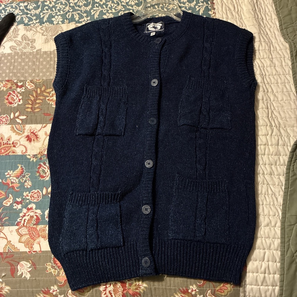 Vintage Calvin Klein Blue Knit Cardigan Vest With Cable Knit Detail 100% Cotton